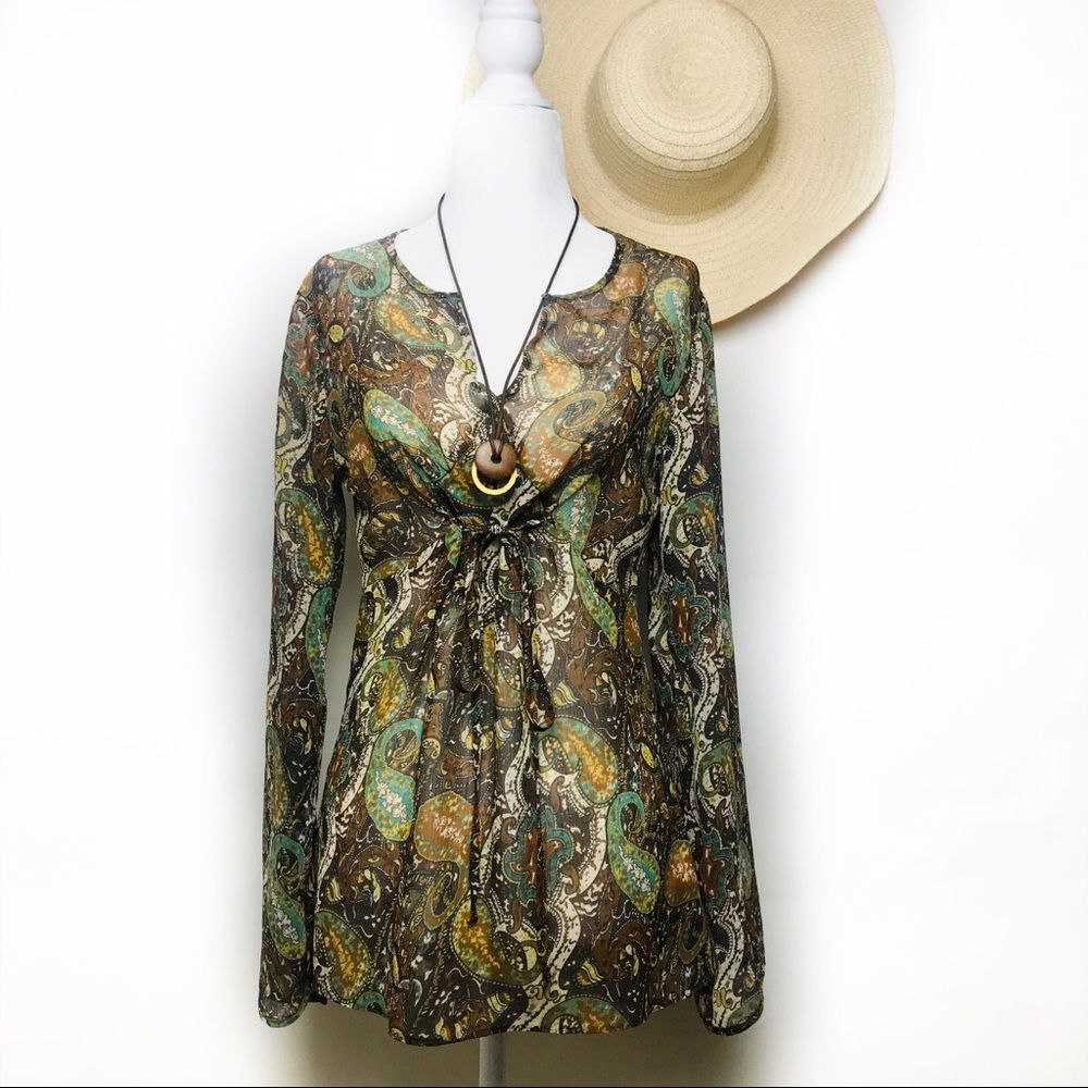 African-Made Foschini Soft Flowy Sheer Paisley Green Blouse 8 Medium